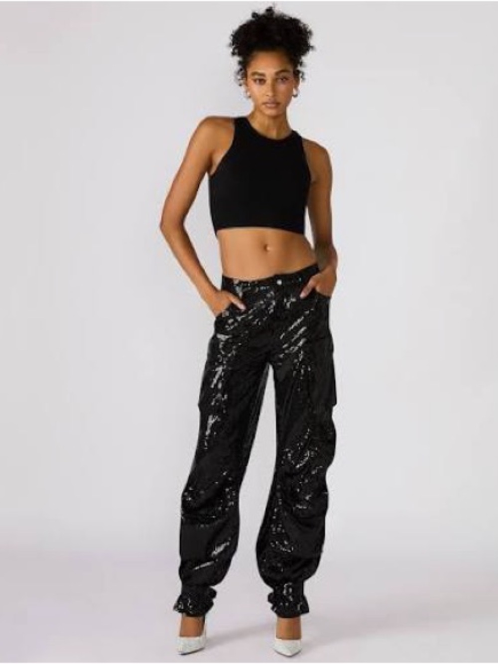 Steve Madden Black Sequin Cargo Wide-Leg Pants